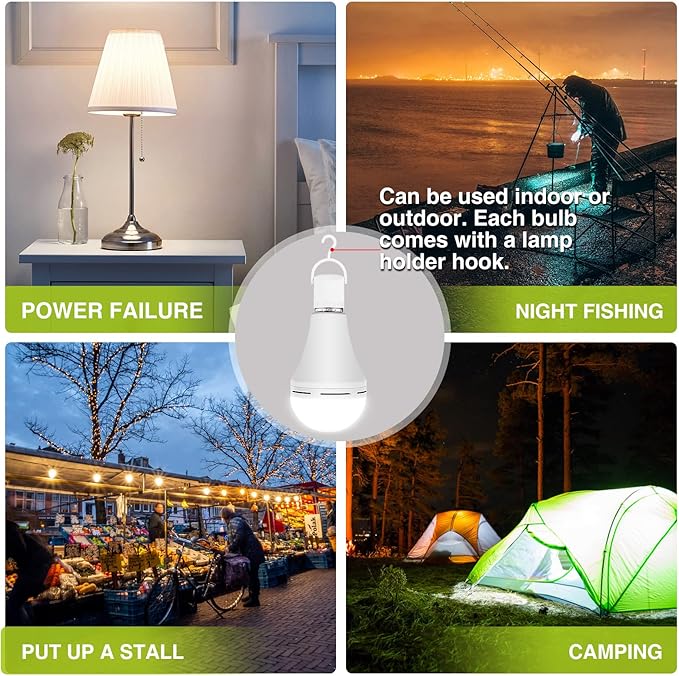 Neporal Rechargeable Light Bulbs Battery Operated Powered Backup Light Bulb, 15W 80W Equivalent 6000K 1200mAh, Emergency Light Bulb for Lamp Camping Works Even Power Outage -2 Packs + 2 Portable Hooks