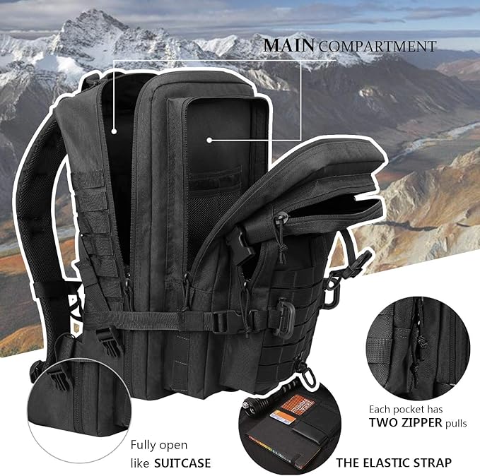 MOLLE Assault Backpack, Tactical Backpack Military Army Camping Rucksack, 3-Day Pack, D-Rings, Black with Gray Patch