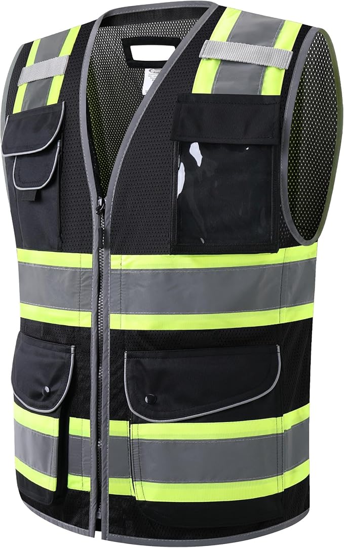JKSafety 11 Pockets Hi-Vis Black Mesh Safety Vest for Men Women High Visibility Reflective Construction with Zipper Work Utility PPE Work Gear ANSI/ISEA compliant (102-Black 5XL)