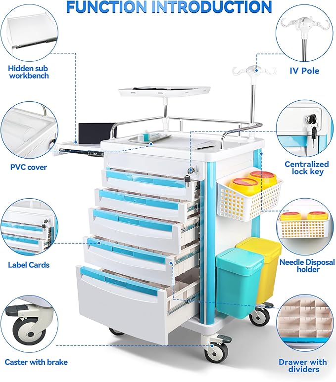 Medical Rolling Storage Crash Cart with Wheels & Drawers, Hospital Mobile Ultrasound cart with 5 Drawers & Power Strip,IV Pole,Needle Disposal,O2 Holder,Nursing Emergency Cart for Hospital, Clinic