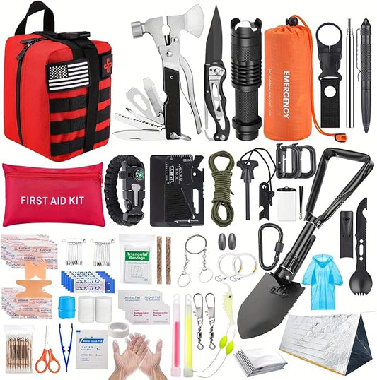 Survival Kit, 252Pcs Survival Gear First Aid Kit with Molle System Compatible Bag and Emergency Tent, Emergency Kit for Earthquake, Outdoor Adventure, Hiking, Hunting, Gifts for Men Women (Red)