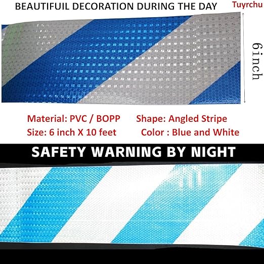 Reflective Tape Blue and White 6 inch X 10 feet, Outdoor Waterproof Hazard Conspicuity Warning Industrial Marking Tape