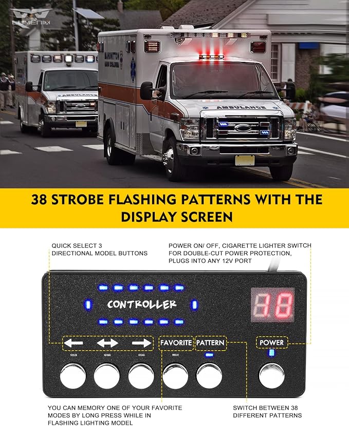 LUMENIX Rooftop Strobe Beacon Lights White Red LED Emergency Warning Caution Flashing Traffic Light Bar for POV Firefighter Ambulance Vehicles Fire Trucks, American Flag Pattern | Patented Design