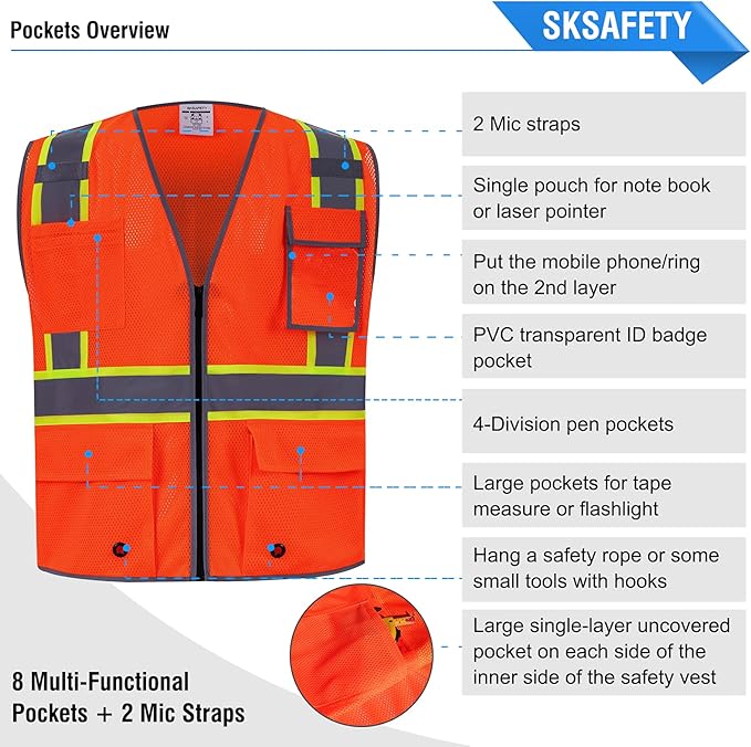 SKSAFETY 10 Pockets Safety Vest, Class 2 High Visibility Security with Zipper Double-sided mesh, Hi Vis Vest with Reflective Strips, ANSI/ISEA Standard, Construction Work Vest （Orange, M）