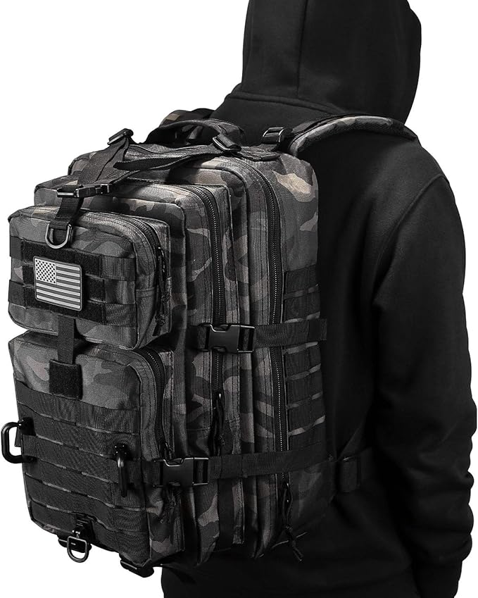 MOLLE Assault Pack, Tactical Backpack Military Army Camping Rucksack, 3-Day Pack Trip w/USA Flag Patch, D-Rings, Black Camo