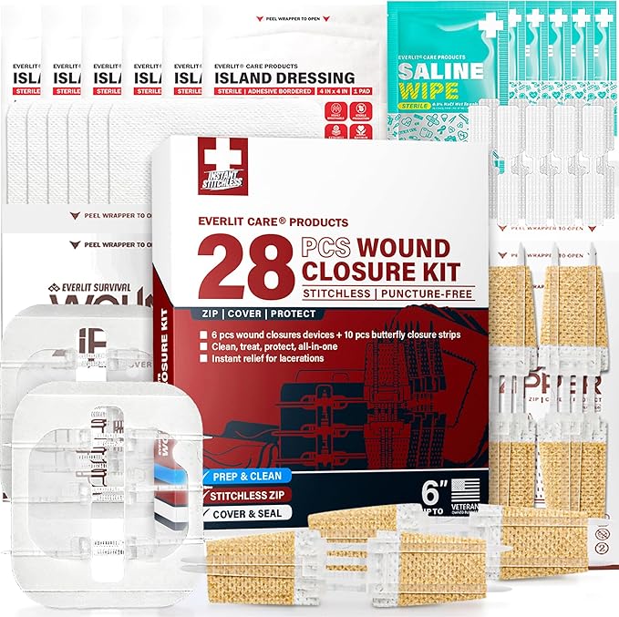 Wound Closure Kit | 28 Pcs All-in-One First Aid with Suture-Free, Stitchless Zip Devices, Butterfly Bandages, for up to 6" Wounds | 100% Sterile Medical Supplies to Clean, Cover & Heal