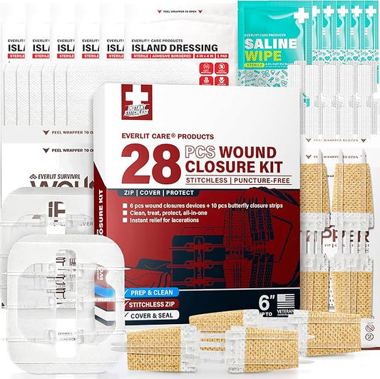 Wound Closure Kit | 28 Pcs All-in-One First Aid with Suture-Free, Stitchless Zip Devices, Butterfly Bandages, for up to 6" Wounds | 100% Sterile Medical Supplies to Clean, Cover & Heal