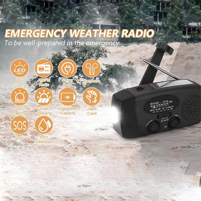 WALFRONT 10000mAh Solar Power Emergency Radio, Hand Crank Radio with LED Flashlight & 3 Power Source Weather Radio for Household Outdoor Emergency (Black)