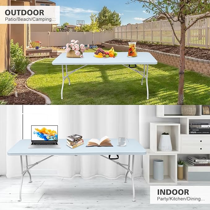 Portable 6Ft Plastic Folding Table, Heavy Duty 6ft Fold-in-Half Table with Carrying Handle, 6' Folding Utility Foldable Table for Picnic Party Camping Kitchen, Indoor/Outdoor (White)