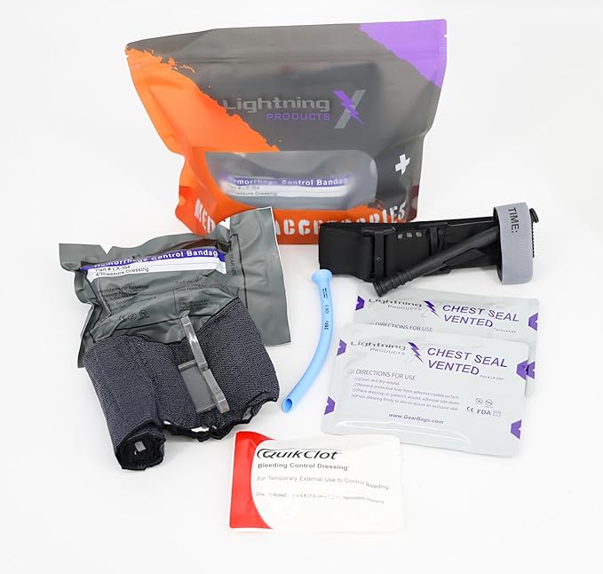 Lightning X Mid-Sized First Responder EMT Bag | LXMB25 | Fully Stocked w/ 248+ First Aid Supplies + Trauma Pak w/C.A.T. Tourniquet & QuikClot - Black