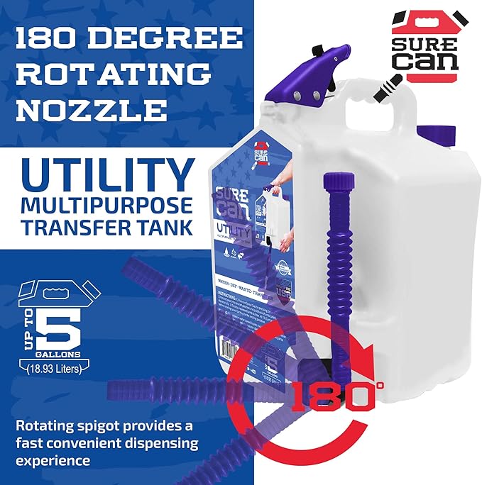 Surecan Transfer Tank & Water Dispenser - Multi-Purpose, Durable, and Compact 5 Gallon Water Dispenser, Camping Utility Container (White, SUR-50-U-1)