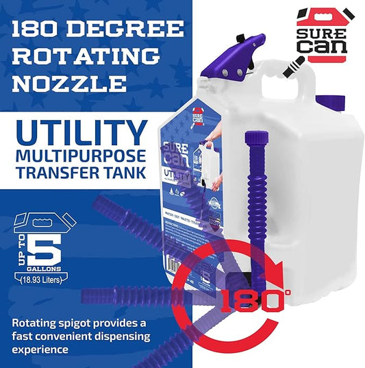 Surecan Transfer Tank & Water Dispenser - Multi-Purpose, Durable, and Compact 5 Gallon Water Dispenser, Camping Utility Container (White, SUR-50-U-1)
