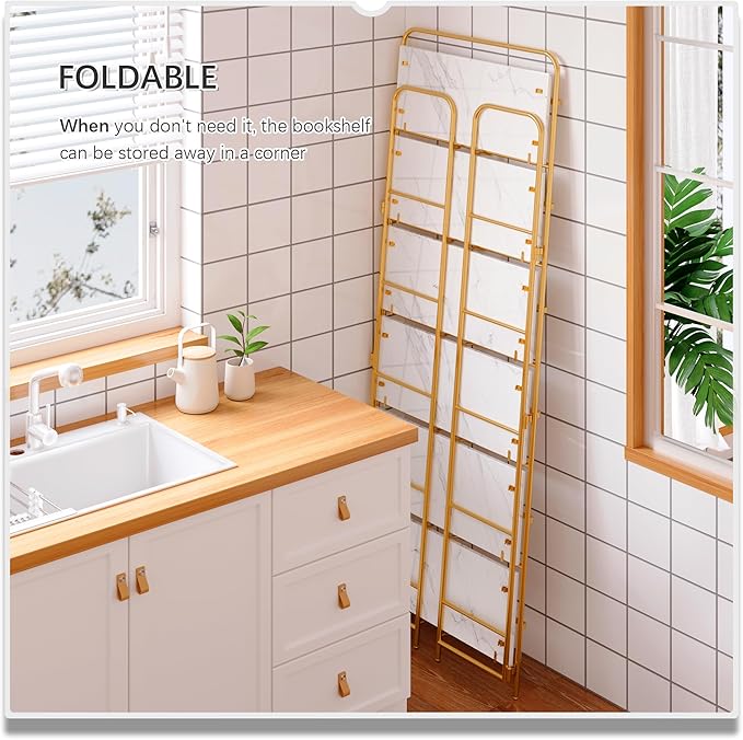 4NM No Assembly Folding Bookshelf, 6 Tiers Collapsible Book Shelves Open Industrial Foldable Storage Bookcase Shelf for Bedroom, Living Room, Home Office - White and Gold