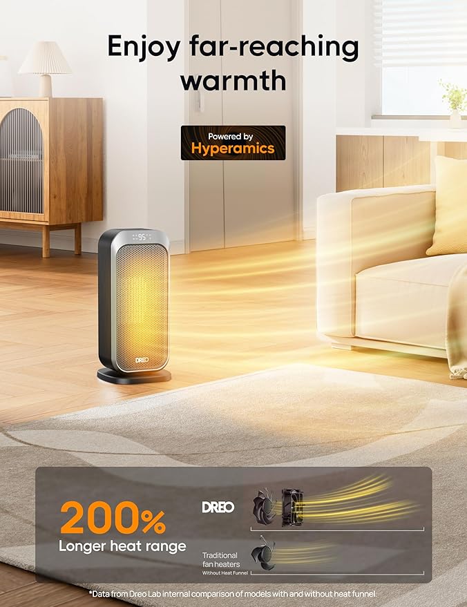 Dreo Quiet Space Heater, 1500W Portable Heaters for Indoor Use with Remote, 70° Oscillation, Fast and Safety Electric PTC Ceramic for Desk Office Bedroom, 12H Timer
