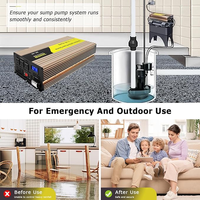 2000W Sump Pump Battery Backup Power System,Basment Protection Sump Pump Inverter with LCD Display and Automatic Battery Backup Switching for Basement Emergency and Power Outage Backup (Gold)