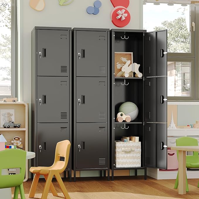 Metal Locker with Hooks and Ventilation Holes,Metal Storage Locker with Keys and Business Card Slot for Home,Gym,Garage,School,Office,66" H×15.75" W× 15.75" D,Assembly Required,Black