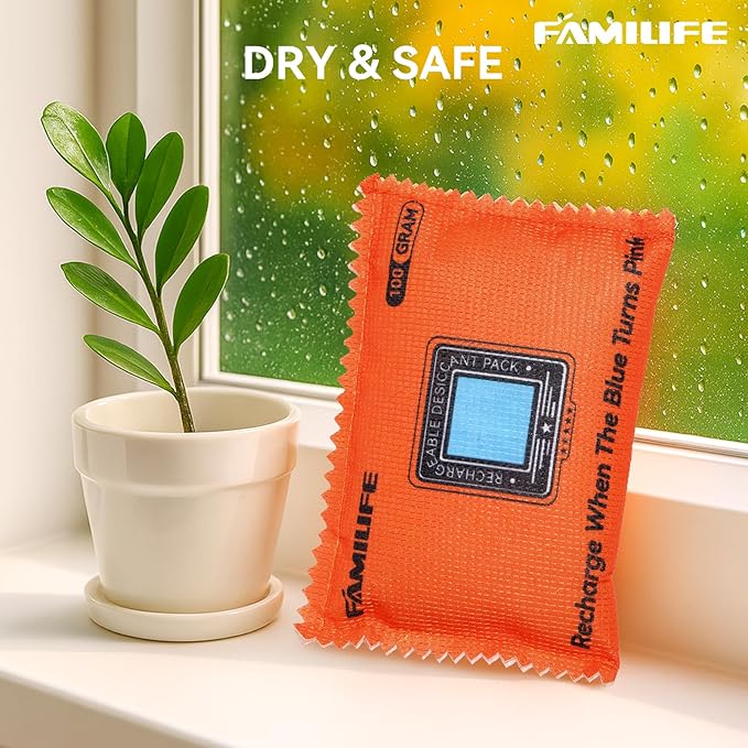 FAMILIFE 100g Rechargeable Desiccant Packs for Storage, Reusable Dehumidifier Bags Color Indicating Silica Gel Packets Portable Moisture Absorbers for Storage Bins, Car, Closet, Gun Safe, Electronics