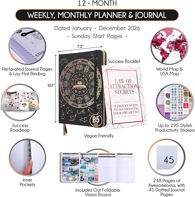 Deluxe 2026 Planner Weekly and Monthly | Law of Attraction Planner with Productivity App | 12-Month for Productivity, Gratitude & Goal Setting | Includes Foldable Vision Board, Gift Box & Stickers