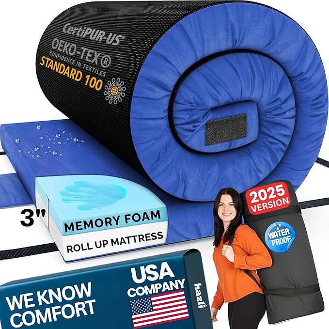 Hazli Matrix Memory Foam Camping Mattress Pad - Roll Up Mattress for Adults - Portable Cot Sleeping Pad for Camping - Floor Mat or Bed Roll for Car, SUV