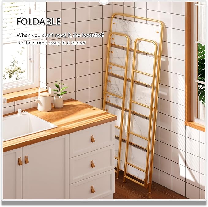 4NM No Assembly Folding Bookshelf, 5 Tiers Collapsible Book Shelves Open Industrial Foldable Storage Bookcase Shelf for Bedroom, Living Room, Home Office - White and Gold