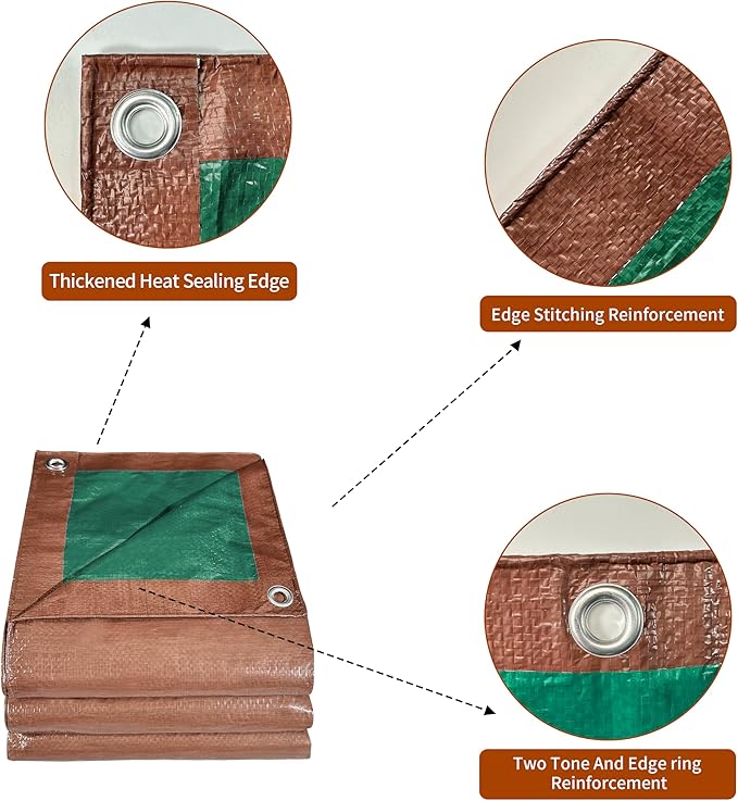 Tarp 12x16 ft 100% Waterproof 7mil Durable Grommets and Reinforced Edges,Uv Resistant,Green/Brown Tarp,Emergency Rain Shelter,Outdoor Cover and Camping Use -by MVPNET