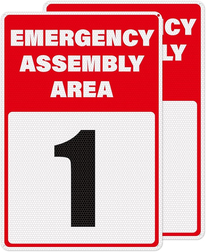 2 Pack Emergency Assembly Area 1 Sign 18 × 12 Inches Aluminum Reflective Safety Signage with Pre-Drilled Holes for Business Construction Site Warehouse