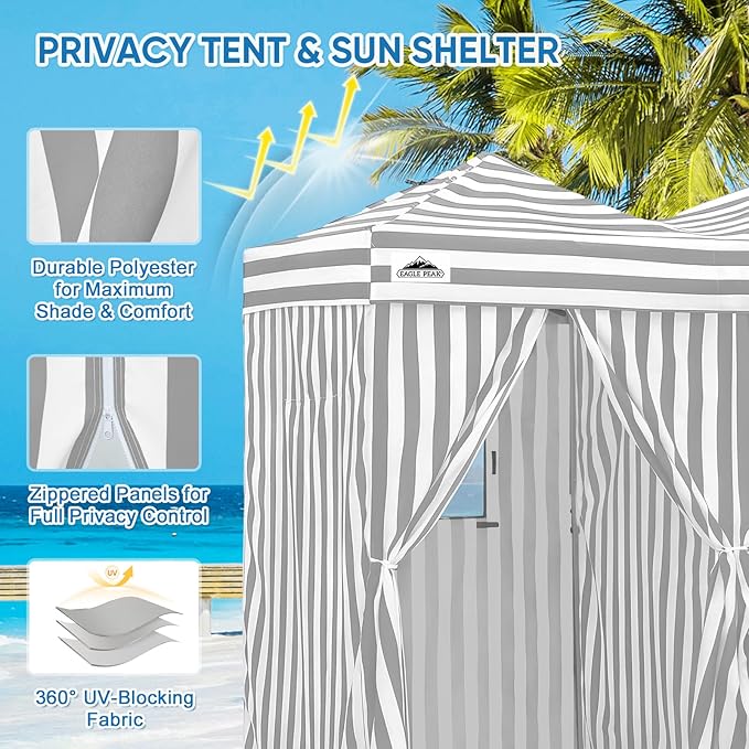 EAGLE PEAK Outdoor Changing Room 8x4, 2 Room Pop Up Portable Changing Room, Sun Shelter, Pop Up Changing Tent for Beach or Pool,Portable Dressing Room for Photoshoots (Gray/White)