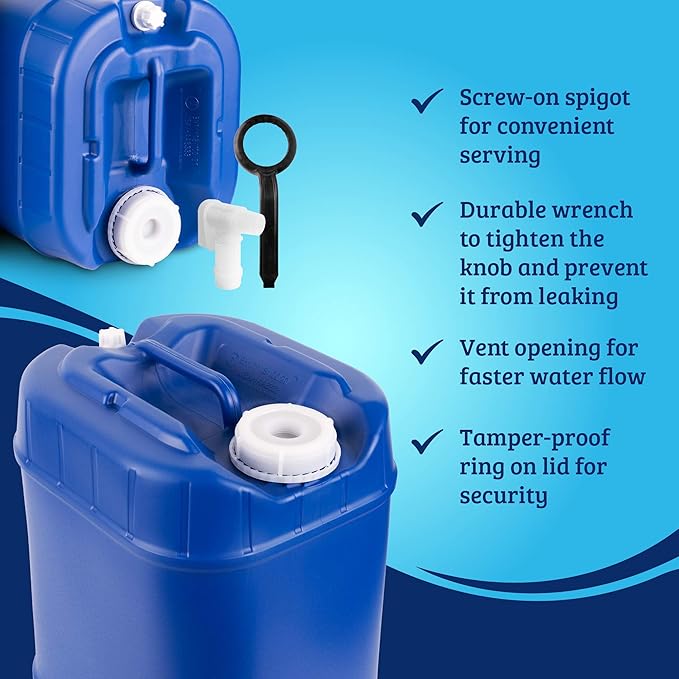 Stackable Water Containers with Lids, 5-Gallon Each, Emergency Kit Including Spigots, Wrench, and Water Preserver, 30 Gallons Total