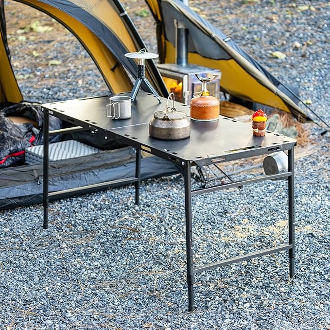 SoloWilder Foldable Camping Table with Gas Struts 3'5" Outdoor Portable Table 19" - 24" Height Adjustable Carbon Steel Lightweight Camping Table 12lb