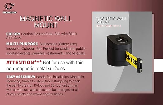 Crowd Control Warehouse - CCW Series WMB-220 Magnetic Wall Mount Retractable Belt Barrier - 15 Foot, Caution Do Not Enter Belt with Black ABS Case, Crowd Control Barriers