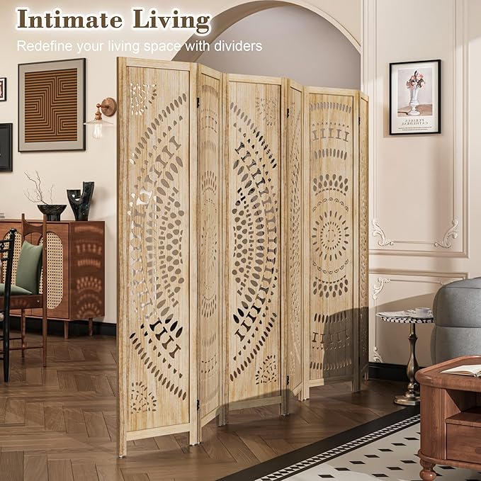WelFurGeer Handcrafted Carved Wooden Room Divider Screen, Folding Privacy Screen for Room Separation, Decorative Room Dividers, 360° Adjustable Folding Panels for Privacy, Home, Office & Patio