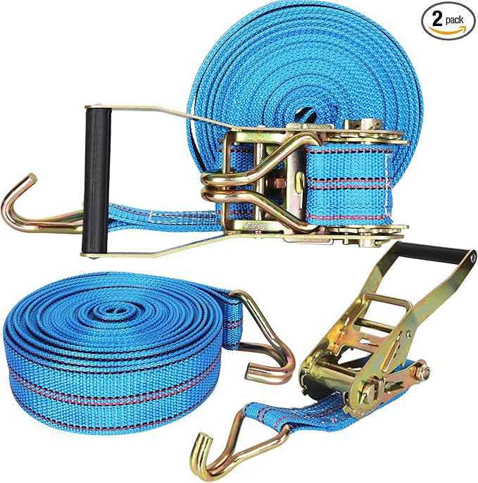 HNBun 2 Pack Ratchet Tie Down Straps, 2 Inch x 33 Feet, 10,000 lbs Break Strength, Heavy Duty Cargo Lashing Straps with Double J Hooks for Trailer, Truck, and Farm Equipment, Blue