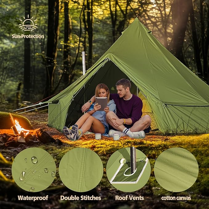 Cotton Canvas Bell Tent, Waterproof Large Tents with Sturdy Center & Door Pole and Space for 4/6/8 Person All 4 Season Camping Yurt Tent