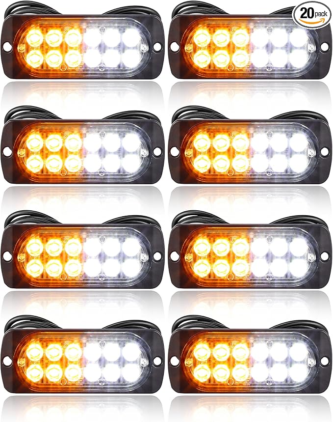 Leelosp 20 Pcs 12 LED Strobe Lights for Tow Trucks Construction Vehicles Surface Mount Emergency Hazard Beacon Safety Warning Lamps Flashing 12-24V Grille Head for Car Accessories (Amber and White)