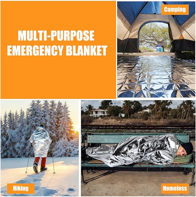 100PCS Emergency Blankets Foil Mylar Thermal Individually Wrapped, Waterproof Survival Blanket for Camping, Outdoors, First Aid Kit Travel