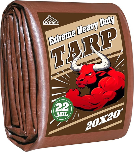 20x20 FT Tarp 22 mil Extreme Heavy Duty Waterproof tarps,Brown&Beige Multipurpose Outdoor Tarpaulin Tear-Proof&UV-Resistant,for Canopy,Camping,Roof,Trailer, Etc