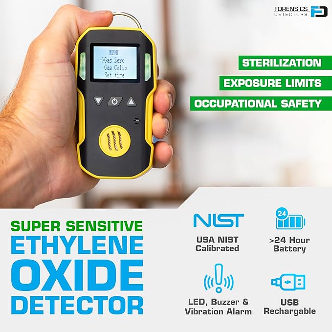 Ethylene Oxide ETO Detector by Forensics | USA NIST Calibration & Certificate | USB Recharge | Sound, Light and Vibration Alarms | 0-20 ppm C2H4O |