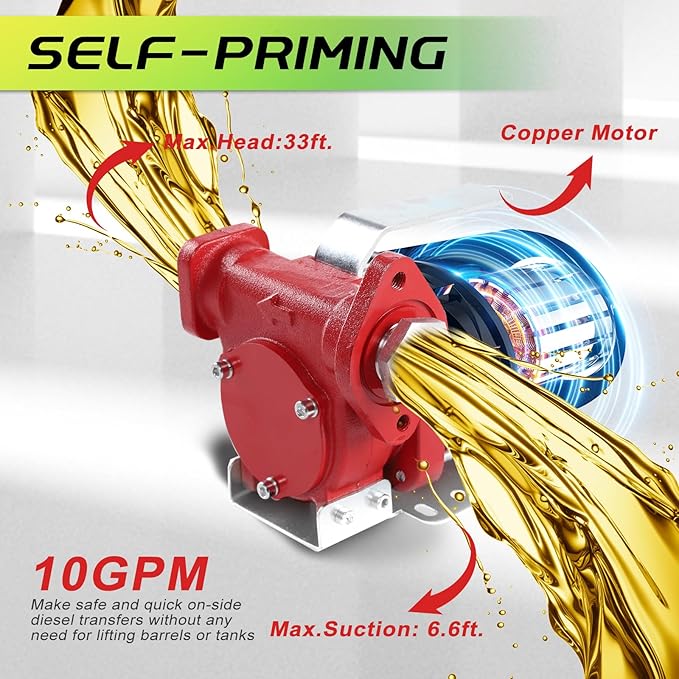 12V Fuel Transfer Pump w/Manual Nozzle & Hose, 10 GPM High Flow DC Diesel Transfer Pump, Heavy Duty Fuel Oil Transfer Pump with Hoses for Gasoline, Diesel, Kerosene & More