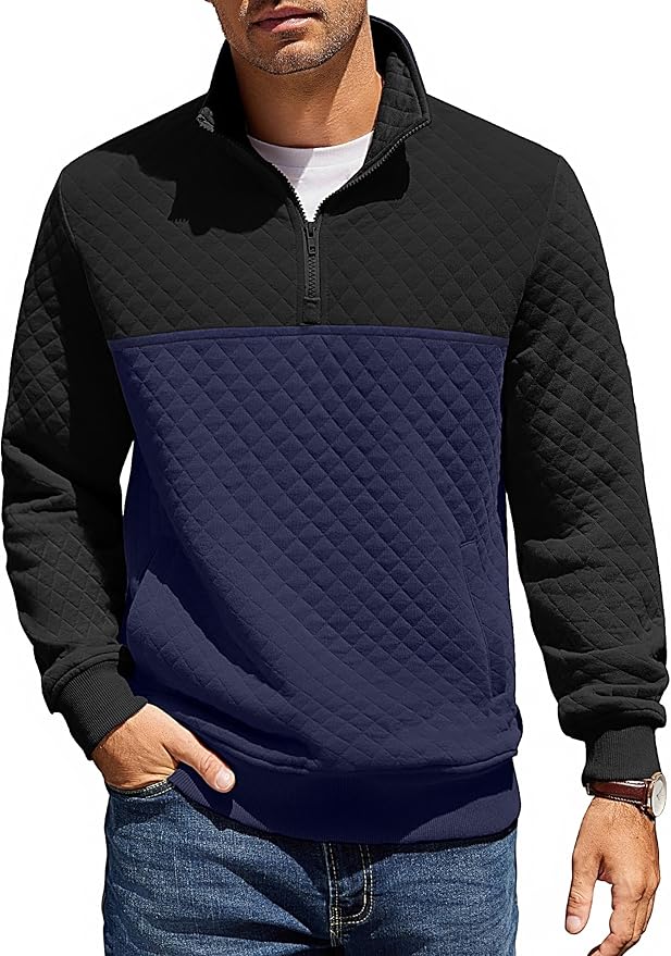 COOFANDY Mens Quarter Zip Pullover Quilted Sweatshirt Knit Long Sleeve Mock Neck Sweater Polo with Pocket
