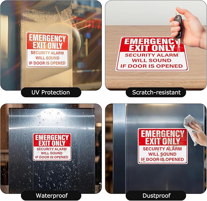 2 Pack Emergency Exit Only - Security Alarm Will Sound If Door Is Opened Sign 10 × 7 Inches Reflective Waterproof Aluminum Safety Signage with Pre-Drilled Holes for Workplace Warehouse