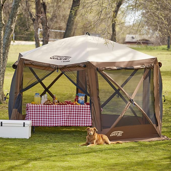 CLAM Pop Up Screen Tent, Large Outdoor Camping Gazebo Canopy, Pavilion, 12.5', Brown - Foldable and Portable Screened Shelter with Netting for Beach, Patio, and Backyard