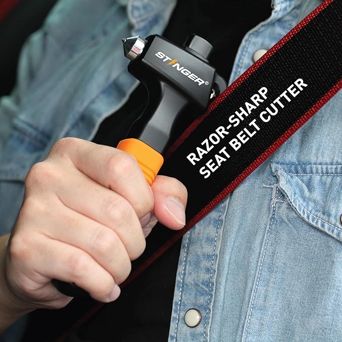 Stinger Super Duty Car Emergency Escape Tool - Hardened Carbon Steel Safety Hammer, Spring-Loaded Window Breaker, Razor-Sharp Seat Belt Cutter, Life-Saving Rescue Tool (Orange and Black)