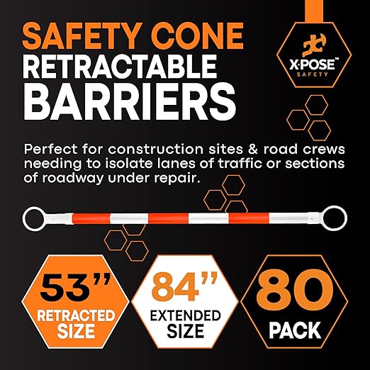 Retractable Barrier for Safety Traffic Cones - 2" OD - Large Yellow and Black Bar Barricade - for Road Construction, Parking, Warning, Temporary Security Divider (80, Orange & White, 53" x 84")