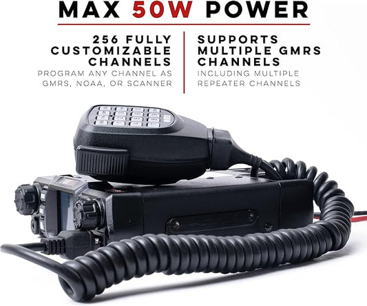 BTECH GMRS-50V2 50W 256 Fully Customizable Channels Mobile GMRS Two-Way Radio. Repeater Compatible, Dual Band Scanning (VHF/UHF), FM, & NOAA Weather Broadcast Receiver