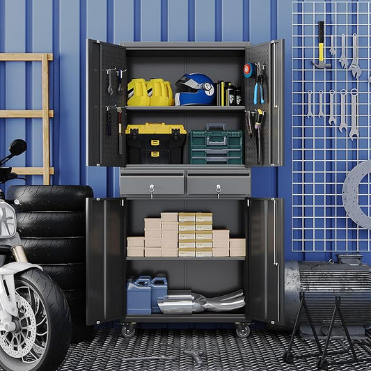 Garage Storage Cabinet with Wheels and Doors,71" H Metal Storage Cabinet with Pegboard and 2 Drawers for Garage, Warehouse,Home,Required Assembly,Black