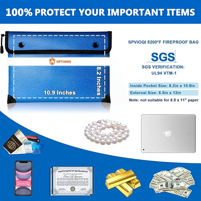 Upgraded 5200F Fireproof Money Bag with Zipper, Reflective Strip for Fast Find, 8 Layers of Heat Insulated Materials, Water Resistant, A5 Document Size