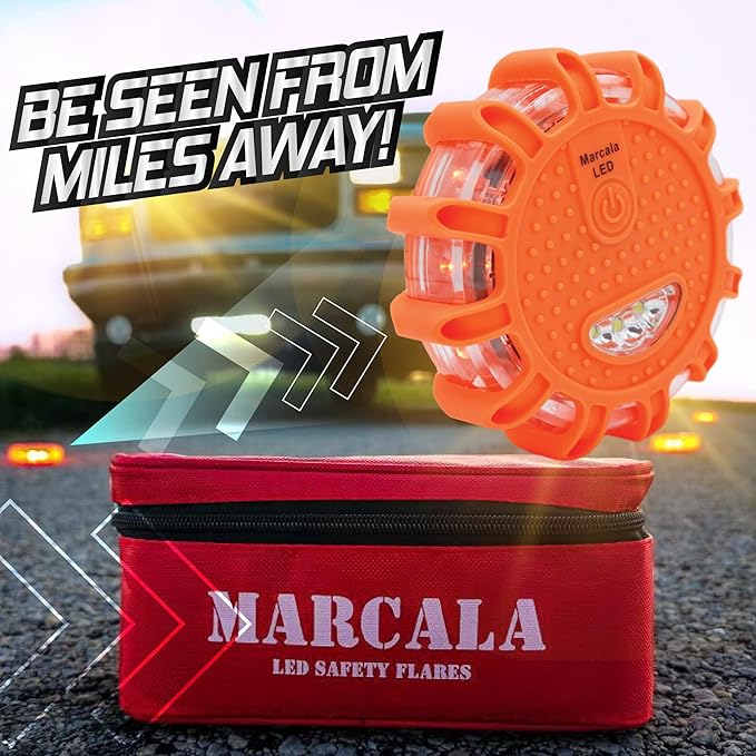 Marcala LED Road Flares Emergency Lights 6‑Pack | Roadside Safety Disc & LED Safety Flare | Roadside Hazard Emergency Kit w/Boat Flare Kit | Batteries, Case & Whistle Included | Feel Safe on Road