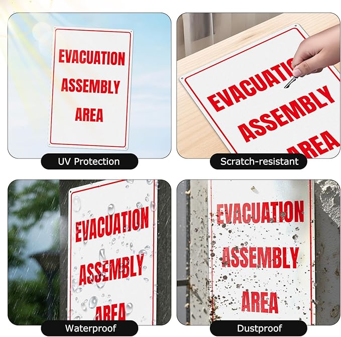 Evacuation Assembly Area Sign 12 × 18 Inches Pre-Drilled Holes Waterproof Signage Aluminum Metal Reflective Warning Notice for Business Factory Warehouse