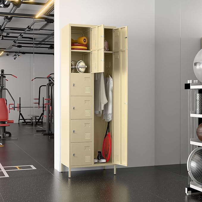 8 Doors Metal Lockers for Employees, 72" H Steel Lockable Storage Lockers with 3 Hooks and 8 Card Holder for Office, Home, Gym, School, Employees, Camel