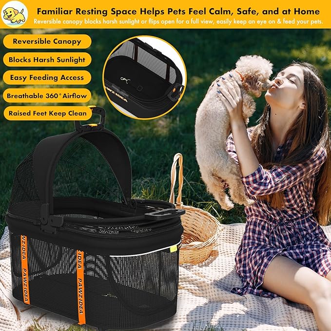 PAWZIDEA Portable Small Dog Crate for Car Travel, Enclosed Pet Car Seat for Small/Medium Dogs Cats up 33lb, Reversible No-Zip Canopy, Soft-Sided Pet Carrier Basket, Collapsible Dog Kennel, Metal Frame
